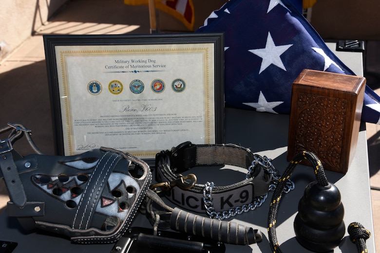 The 21st Security Forces Squadron honored the fallen Military Working Dog Rexo/V603 during a memorial ceremony