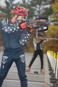 Spc. Vaclav Cervenka, a carpentry and masonry specialist with Det. 1, Headquarters Company, Garrison Support Command, Vermont Army National Guard, practices firing a Biathlon rifle during practice at the Camp Ethan Allen Training Site in Jericho, Vermont, on Nov. 2, 2021. Cervenka, a native of Grand Rapids, Minnesota, has competed in six world championships since 2016 and is on Team USA's 2021-2022 X Team. (U.S. Army National Guard photo by Don Branum)