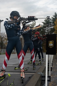 Vermont Army National Guard Soldiers who are members of U.S. Biathlon teams dry fire Biathlon rifles during a practice session at the Camp Ethan Allen Training Site in Jericho, Vermont, on Nov. 2, 2021. CEATS is the Biathlon training site for the National Guard. (U.S. Army National Guard photo by Don Branum)