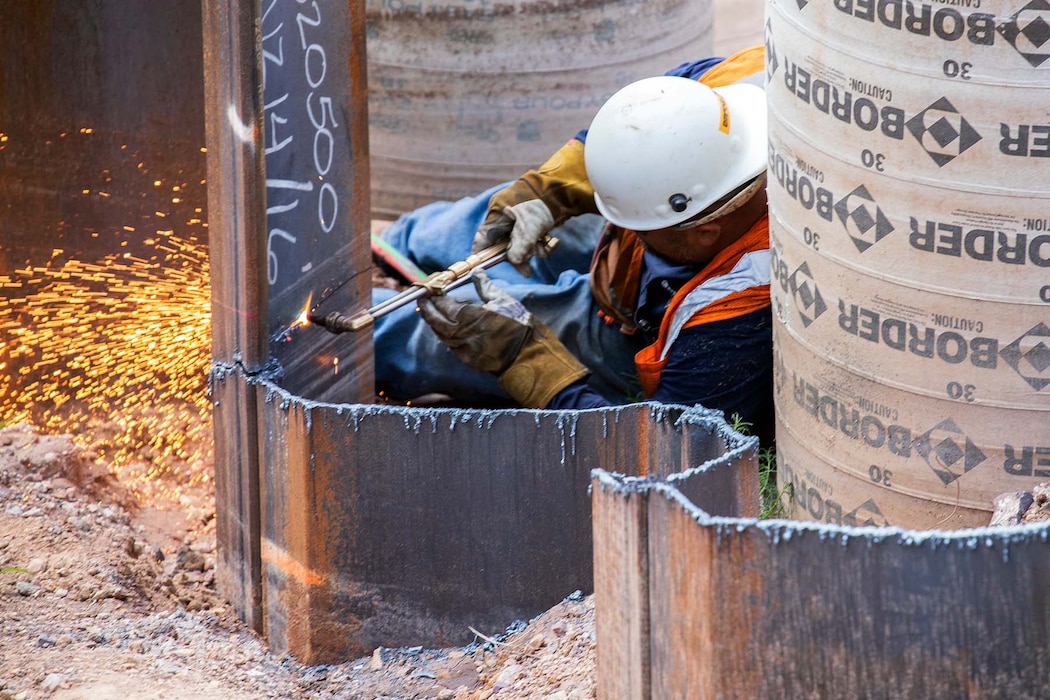 A U.S. Army Corps of Engineers South Pacific Border District contractor performs safety work at the Tucson 3 former wall construction site near Douglas, Arizona,