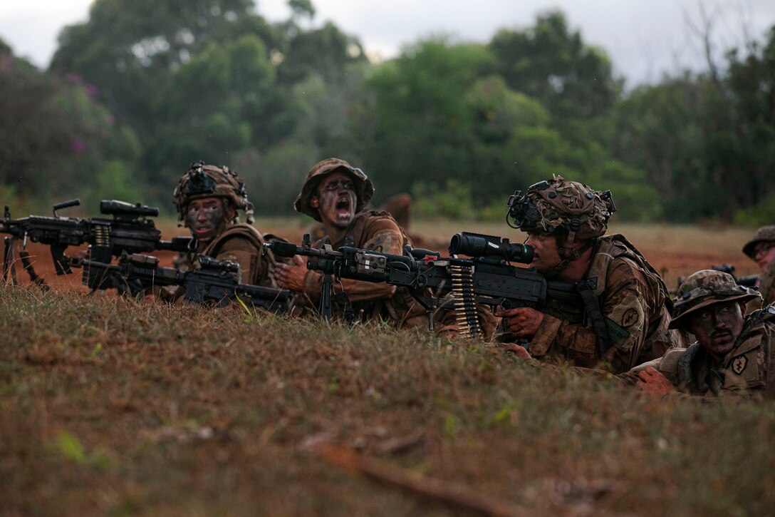 Soldiers wearing camouflage aim weapons while laying in a field.