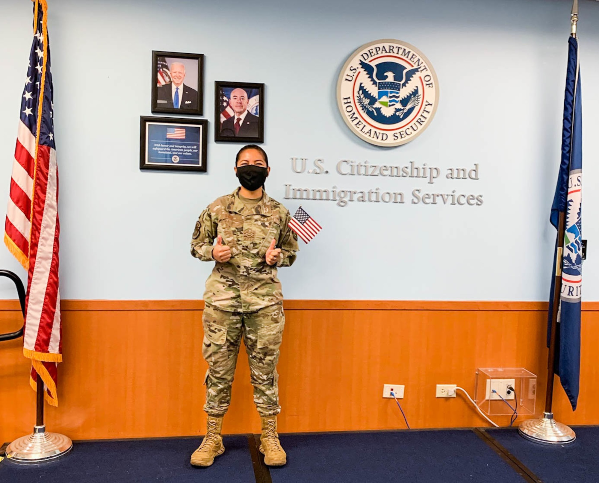 Airman 1st Class Joverly Ihrig, 15th Operational Medical Readiness Squadron physical medicine technician, celebrates after being awarded United States citizenship at the Honolulu Immigration Court, Honolulu, Hawaii, Oct. 12, 2021. Ihrig became a U.S. citizen 8 years after being adopted by her aunt and uncle from the Philippines. (Courtesy photo)