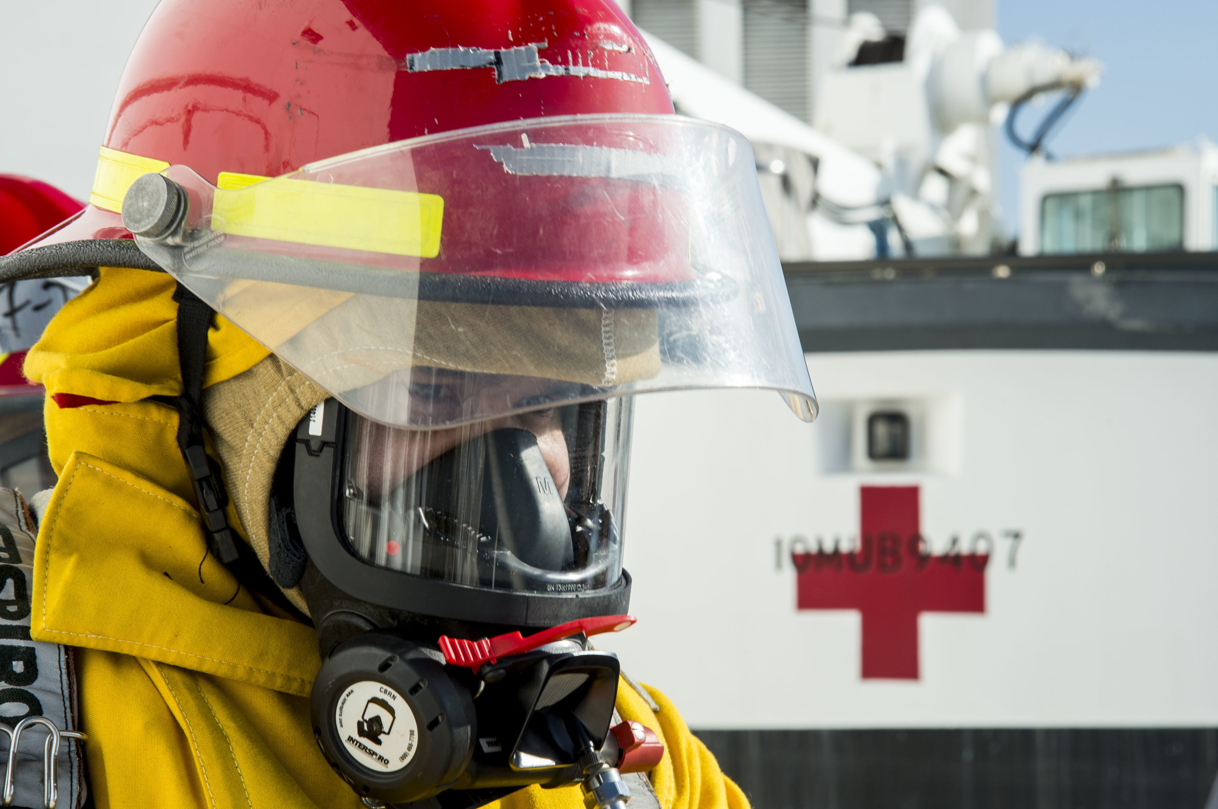 A civilian mariner assigned to Military Sealift Command (MSC) hospital ship USNS Mercy (T-AH 19) participates in a fire drill Nov. 3, 2021.
