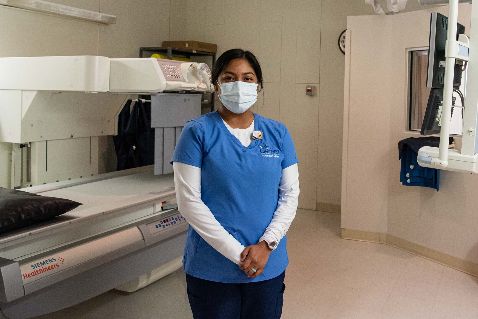 Ms. Lesley Garcia-Torres, a Carteret Community College Radiography Student, participates in an internship alongside the Radiology team at Naval Health Clinic Cherry Point.  A partnership between the Community College and health clinic provides students perspective on the challenges of military medicine while deepening their understanding of Radiology.