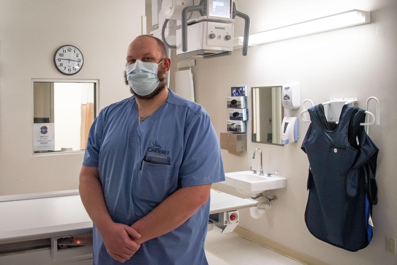 Mr. Daniel Bristow, a senior Carteret Community College Radiography Student, participates in an internship alongside the Radiology team at Naval Health Clinic Cherry Point.  A partnership between the Community College and health clinic provides students perspective on the challenges of military medicine while deepening their understanding of Radiology.