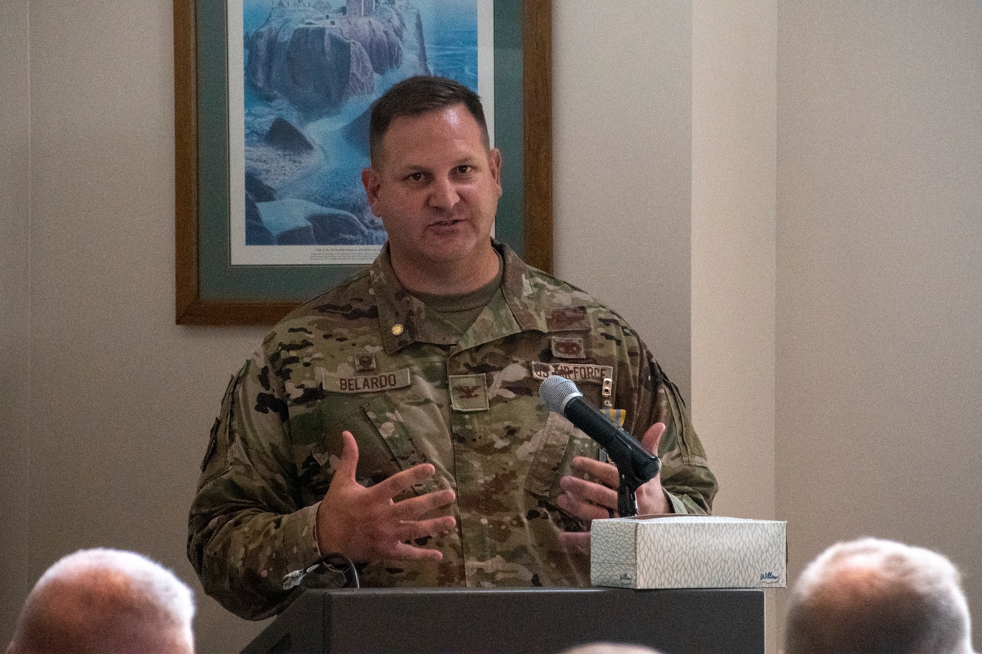 131st Maintenance Group Commander Col. Michael Belardo delivers remarks during his retirement ceremony Oct. 2, 2021, in Knob Noster, Missouri. Belardo retired from the Missouri Air National Guard after many years of service. (U.S. Air National Guard photo by Staff Sgt. Adrian Brakeley)