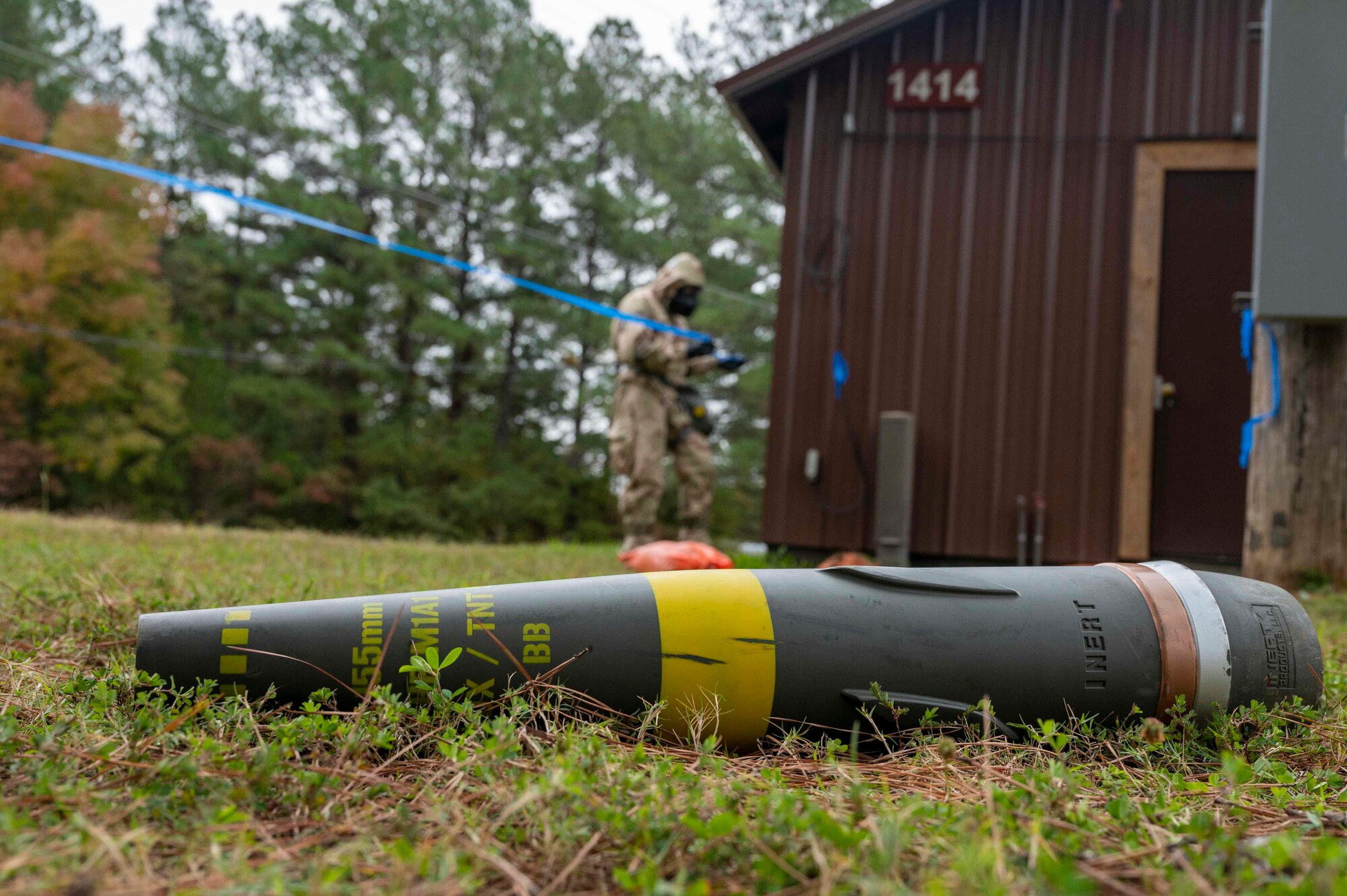 A simulated unexploded ordinance lies on the ground during a ROCKI exercise.