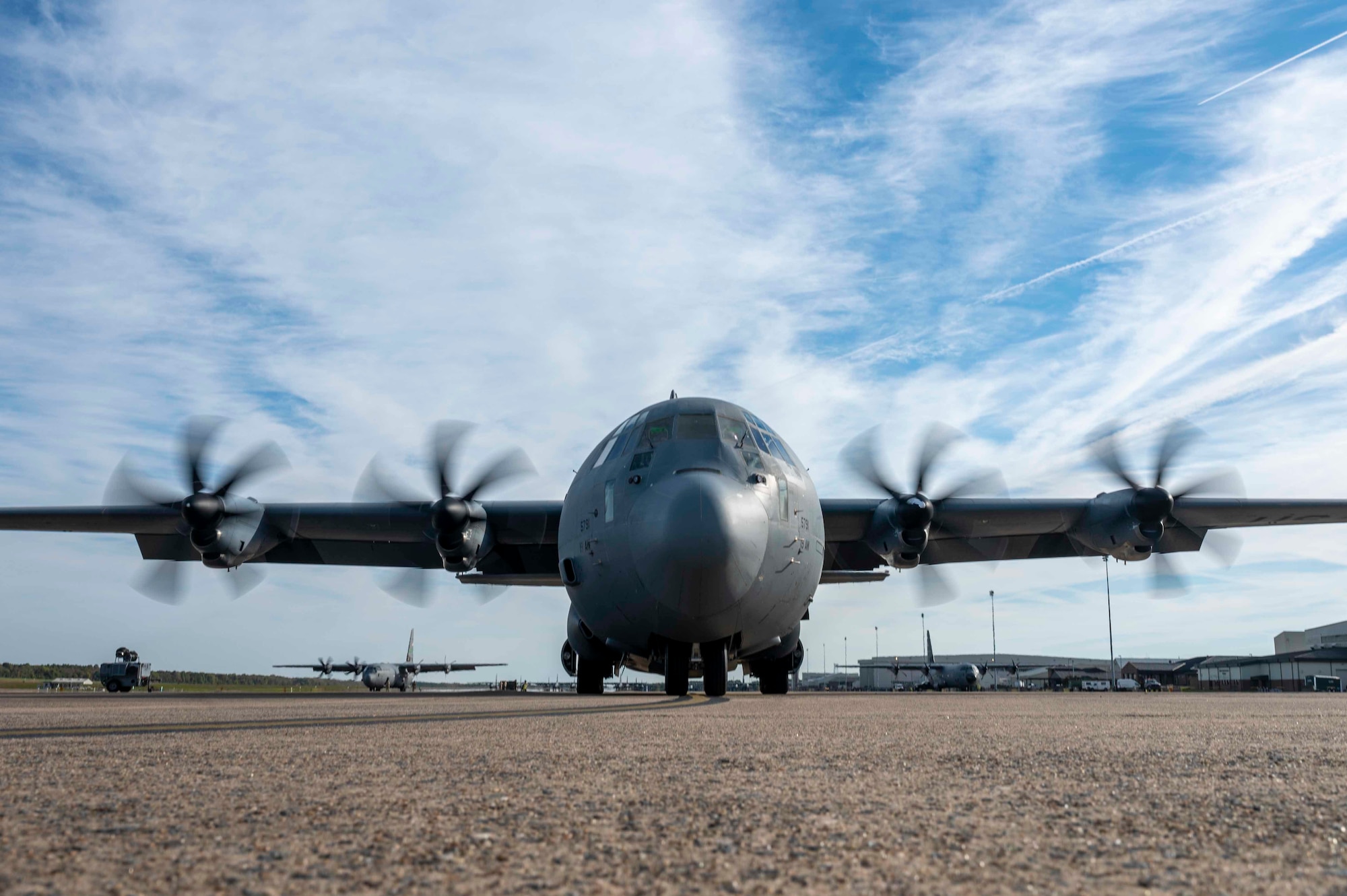 A C-130 is on the flightline before takeoff