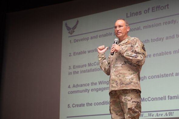 Colonel Nate Vogel, 22nd Air Refueling Wing commander, speaks at a Commander’s Call for the wing at McConnell Air Force Base, Kansas, on Nov. 04, 2021. The Command Team discussed the Wing’s new mission statement, vision and mindset, as well as a new set of five Lines of Effort focused on continual improvement for the wing. (U.S. Air Force photo by SSgt Adam Goodly)