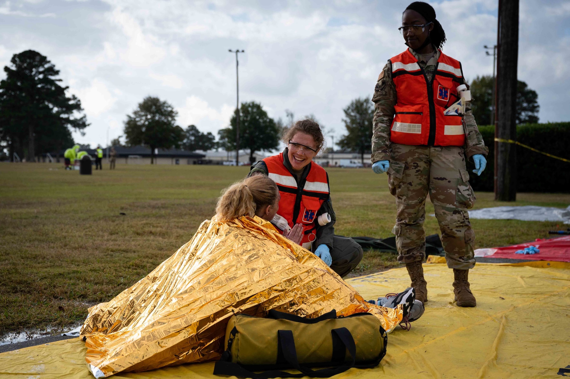Airmen from Team Seymour participate in triage training as a part of Operation Ready Eagle at Seymour Johnson Air Force Base, North Carolina, Oct. 29, 2021. Volunteers acted as patients while 4th Medical Group Airmen practiced triage procedures. (U.S. Air Force Photo by Senior Airman David Lynn)