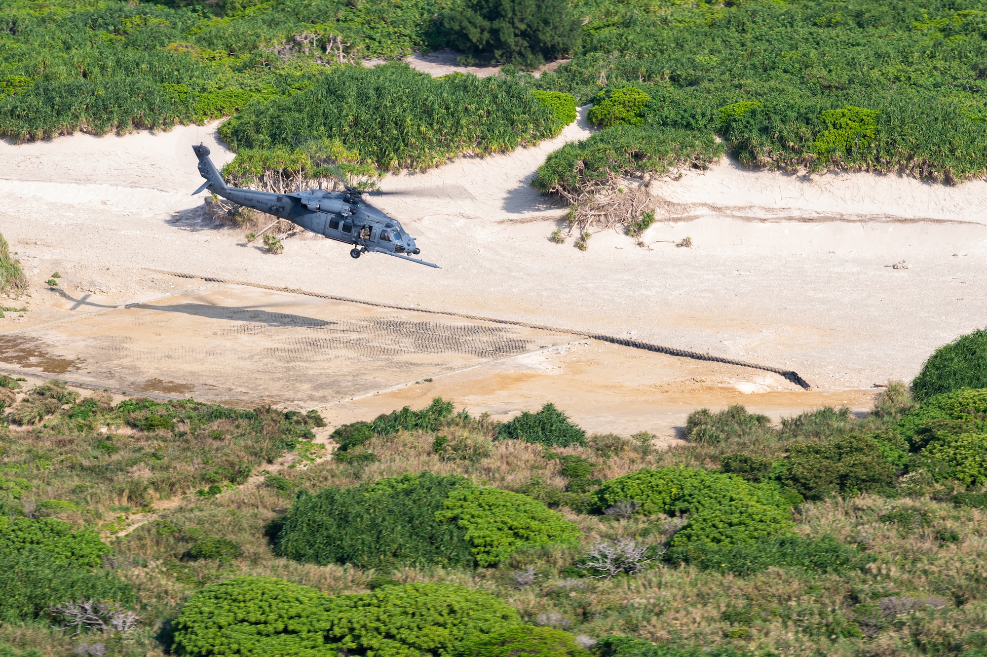 A helicopter takes off.