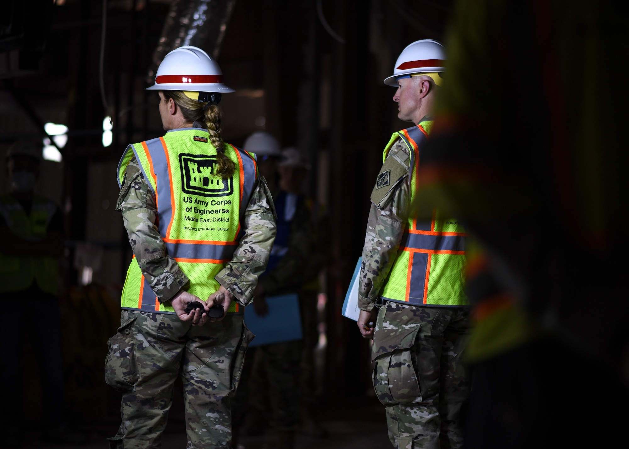 U.S. Army Maj. Gen. Kimberly Colloton, commanding general of the U.S. Army Corps of Engineers Transatlantic Division, speaks with Ali Al Salem Air Base leadership and USACE regarding the construction of the new dining facility on ASAB, Kuwait, Oct. 21, 2021. A priority of the 386th Air Expeditionary Wing is to improve its installations and the quality of life of its Airmen. (U.S. Air Force photo by Staff Sgt. Ryan Brooks)