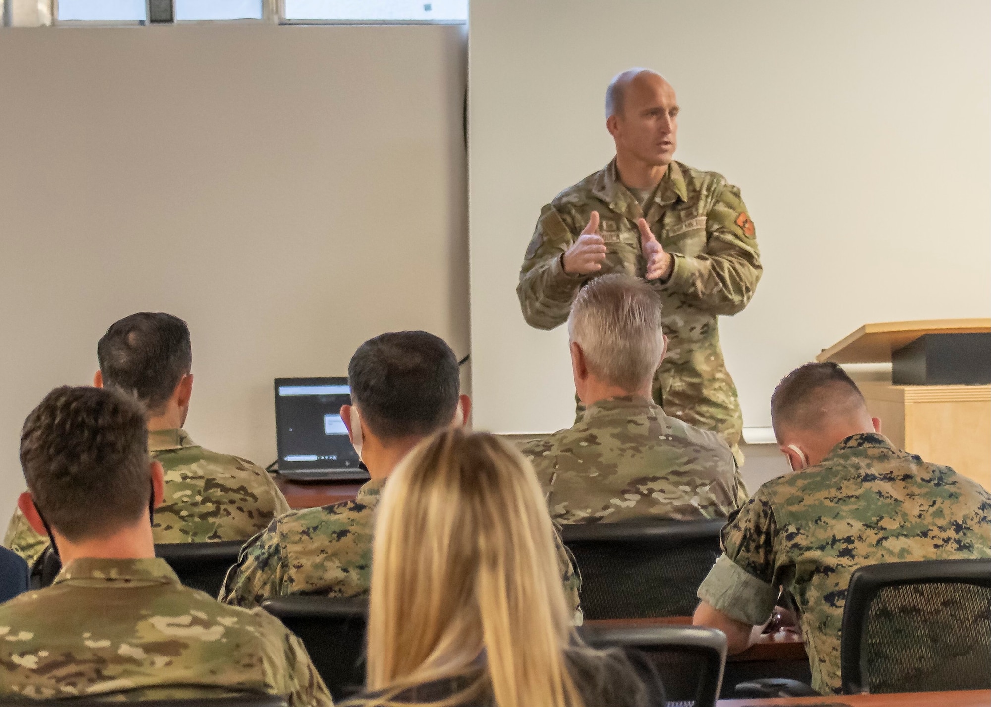 U.S. Air Force Col. Mason Dula, Special Warfare Training Wing commander, addresses the audience at the 2021 Special Operations Forces Training "Shura" hosted by the SWTW.