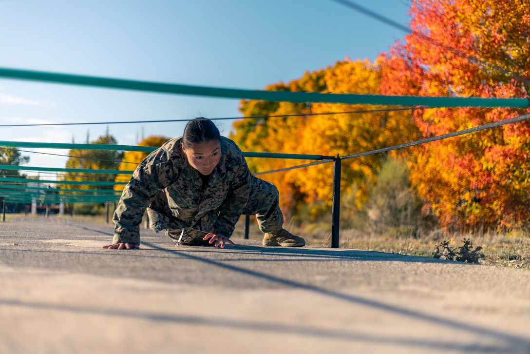 U.S. Marine Corps Cpl. Inori Hayashi, canoneer, from 10th Marine Regiment, 2d Marine Division, completes a French Marine obstacle course during a bilateral visit with the 3rd Regiment D'Artillerie De Marine at Camp Militaire de Canjuers, France, Nov. 2, 2021. During the 3-week bilateral visit, U.S. and French Marines bolstered relationships and increased interoperability between the forces through field artillery and amphibious training events. (U.S. Marine Corps photo by Staff Sgt. Akeel Austin)