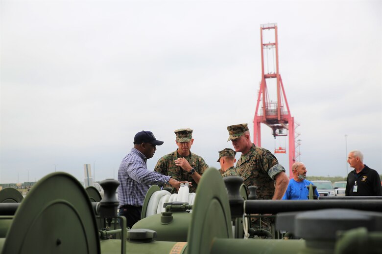 U.S. Marine Corps Lt. Gen. Edward D. Banta, deputy commandant for Marine Corps Installations Command, is welcomed by Maj. Gen. Joseph F. Shrader, commanding general, Marine Corps Logistics Command during Banta's visit to #MARCORLOGCOM while at Marine Corps Logistics Base Albany, Ga., November 3. During his visit Banta spoke with MDMC, MFSC, Marines and civilian Marines, and toured facilities at MCLB-A and Blount Island Command.