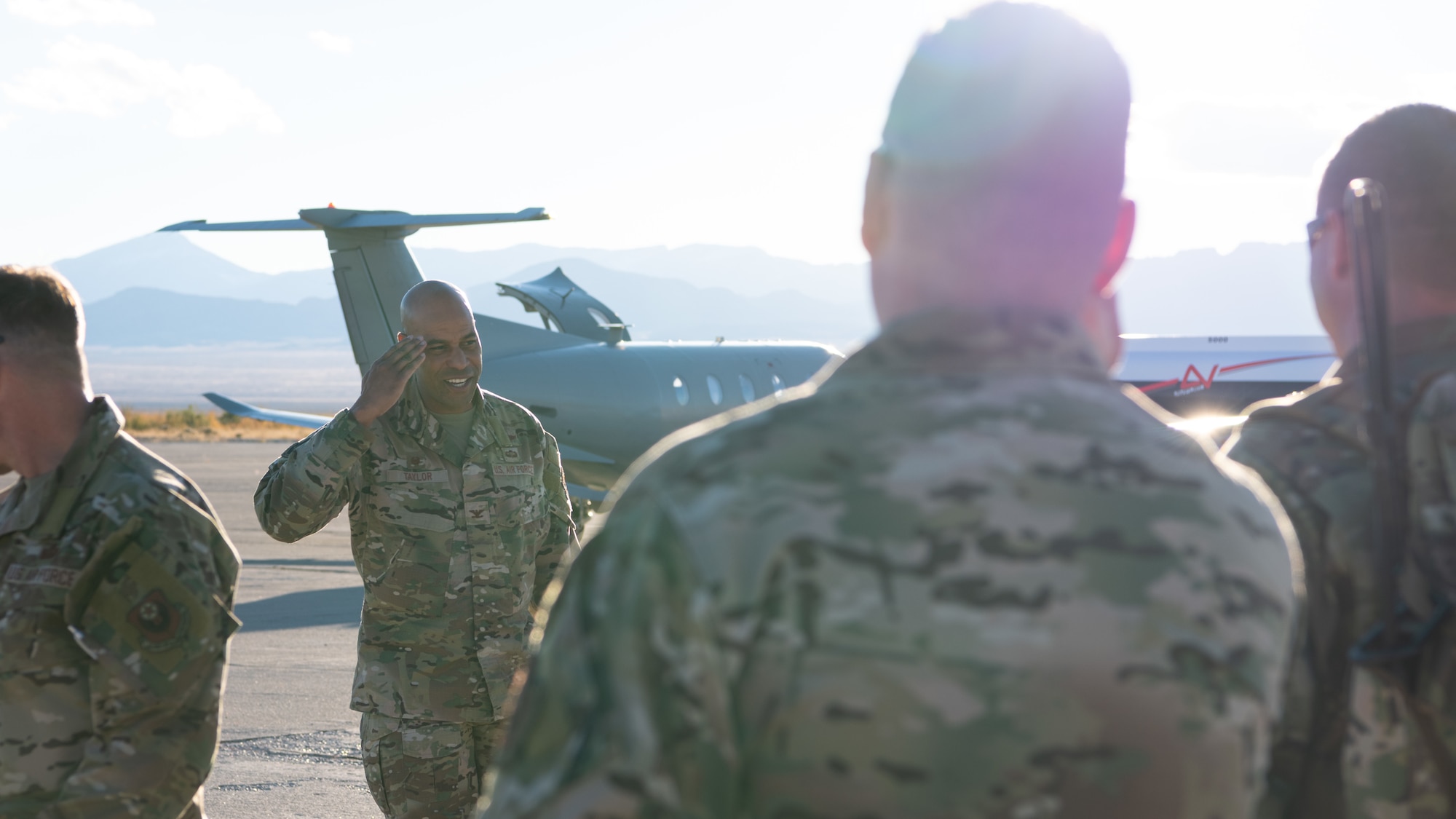 Colonel Terence Taylor greets 27th Special Operations Mission Sustainment Team leaders.