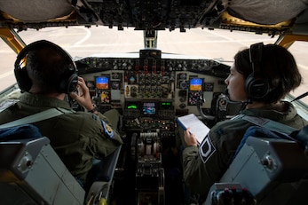 U.S. Air Force Capt. Joseph Tomassi, left, and Capt. Katharine Kopinski, 351st Air Refueling Squadron KC-135 Stratotanker pilots, complete a preflight checklist at Royal Air Force Fairford, England, Nov. 2, 2021. Airmen from the 100th Air Refueling Wing conducted operations out of RAFF as part of an Agile Combat Employment exercise. Utilizing ACE concepts ensures that U.S. forces in Europe are better equipped to operate from locations with varying levels of capacity and support to accomplish the mission. This further ensures Airmen and aircrews are postured to deliver lethal combat power across the full spectrum of military operations. (U.S. Air Force photo by Senior Airman Jennifer Zima)