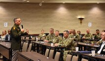 Lt. Gen. Daniel Karbler, commanding general, U.S. Army Space and Missile Defense Command, delivers opening remarks at the Warrant Officer Association's 49th Annual Meeting of Members, Oct. 20, 2021. (U.S. Army photo by Mikayla Mast)