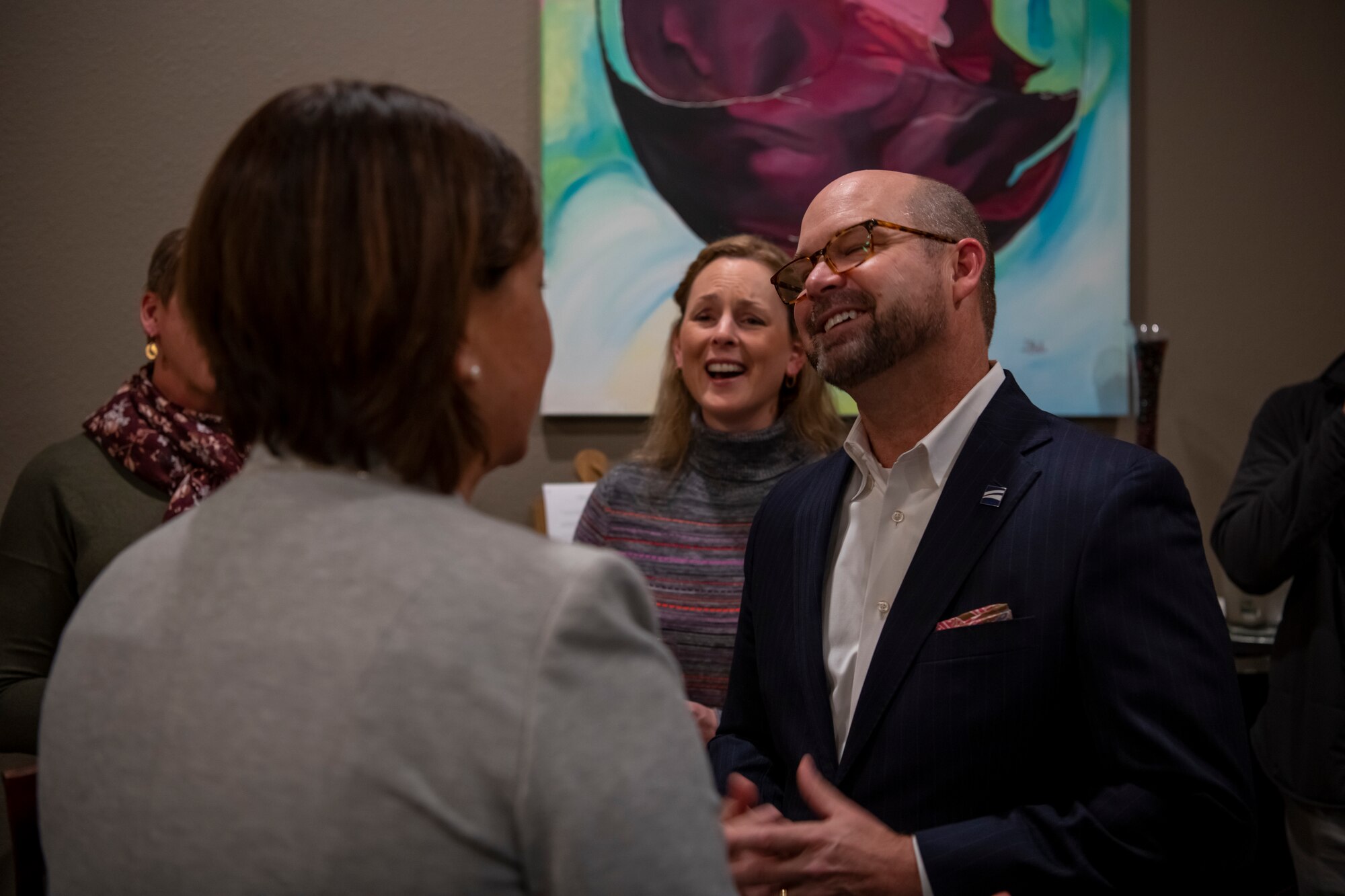 Chief Master Sgt. of the Air Force JoAnne S. Bass, left, greets Brad Holland, Hendrick Health CEO, right, and Col. Elizabeth Somsel, 7th Medical Group commander, middle.