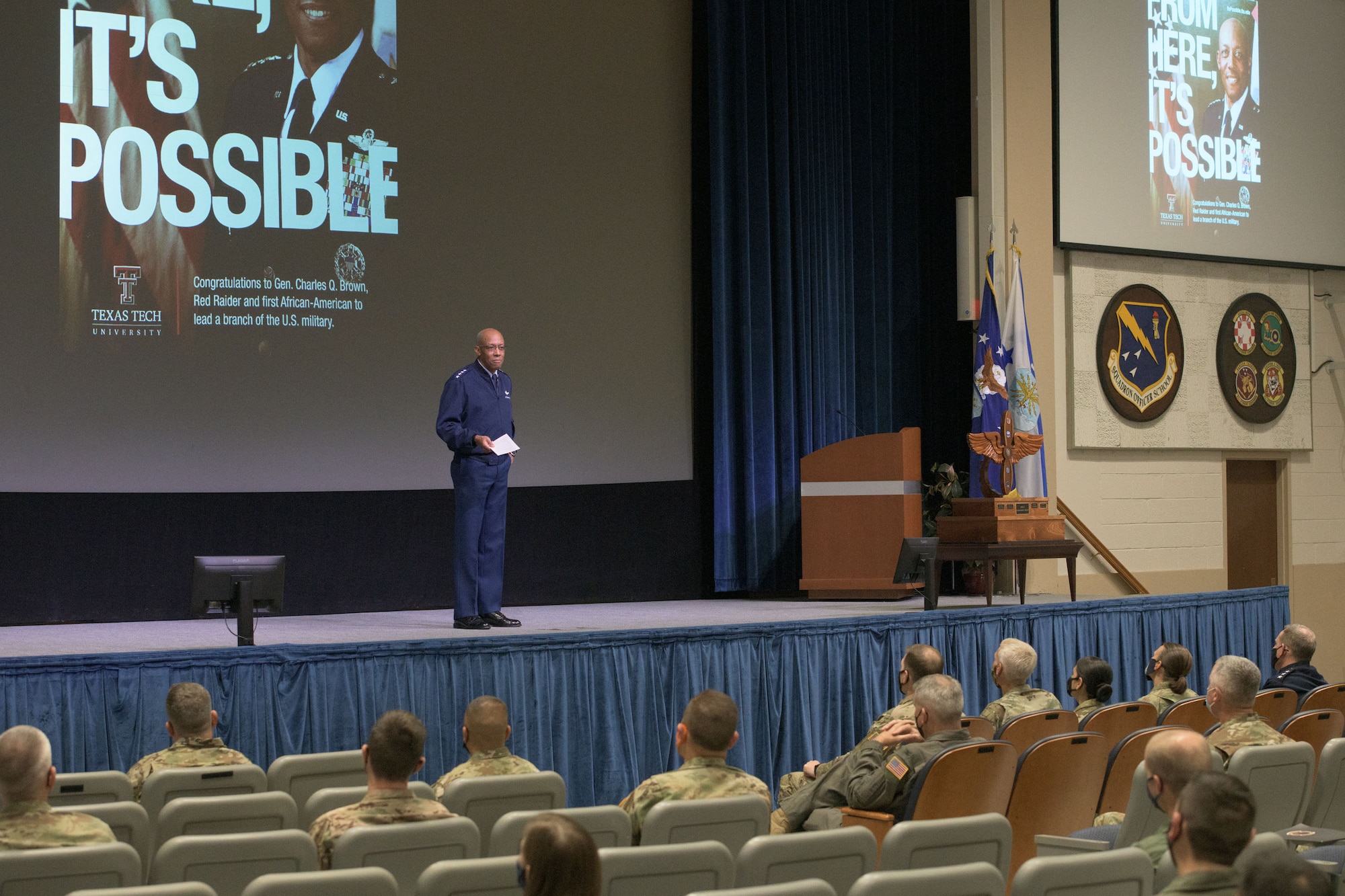 Maxwell AFB,  Ala. - Air Force Chief of Staff Gen. CQ Brown, Jr. addresses attendees of the AFROTC Commanders Symposium. Brown took the time to share his experience at AFROTC Detachment 820 at Texas Tech University and his perspective on leadership. (U.S. Air Force photo by Trey Ward)