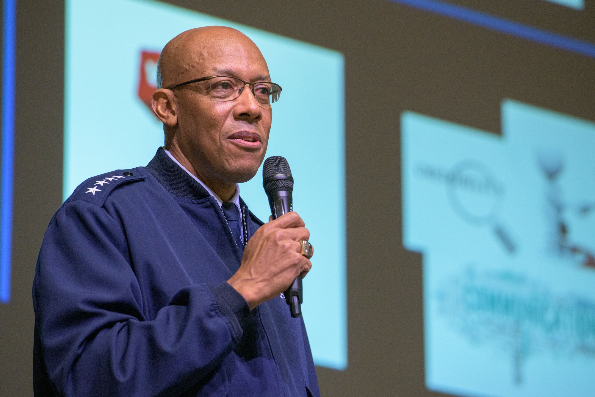 Maxwell AFB,  Ala. - Air Force Chief of Staff Gen. CQ Brown, Jr. addresses attendees of the AFROTC Commanders Symposium. Brown took the time to share his experience at AFROTC Detachment 820 at Texas Tech University and his perspective on leadership. (U.S. Air Force photo by Trey Ward)