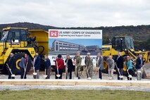 The U.S. Army Engineering and Support Center, Huntsville, holds a groundbreaking ceremony Nov. 5 to mark the beginning of construction for the Center's new 205,000 square-foot facility on Redstone Arsenal. Pictured, left to right, are Huntsville Center's Chris DeMarcus, Martha Cook, Nate Durham, Chip Marin, Deborah Crosby, Kelly Larsen, and Lt. Col. Benjamin Summers; Col. Glenn O. Mellor, Redstone Arsenal Garrison Commander; Greg Hall, Corporate Office Property Trust Vice President; Jake Roth, Department of Public Works; Frank Nola and Christine Jones with Nola VanPeuresm Architects, PC; and Ryder Lett, USACE Mobile District Real Estate Office.