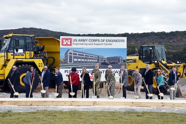 The U.S. Army Engineering and Support Center, Huntsville, holds a groundbreaking ceremony Nov. 5 to mark the beginning of construction for the Center's new 205,000 square-foot facility on Redstone Arsenal. Pictured, left to right, are Huntsville Center's Chris DeMarcus, Martha Cook, Nate Durham, Chip Marin, Deborah Crosby, Kelly Larsen, and Lt. Col. Benjamin Summers; Col. Glenn O. Mellor, Redstone Arsenal Garrison Commander; Greg Hall, Corporate Office Property Trust Vice President; Jake Roth, Department of Public Works; Frank Nola and Christine Jones with Nola VanPeuresm Architects, PC; and Ryder Lett, USACE Mobile District Real Estate Office.