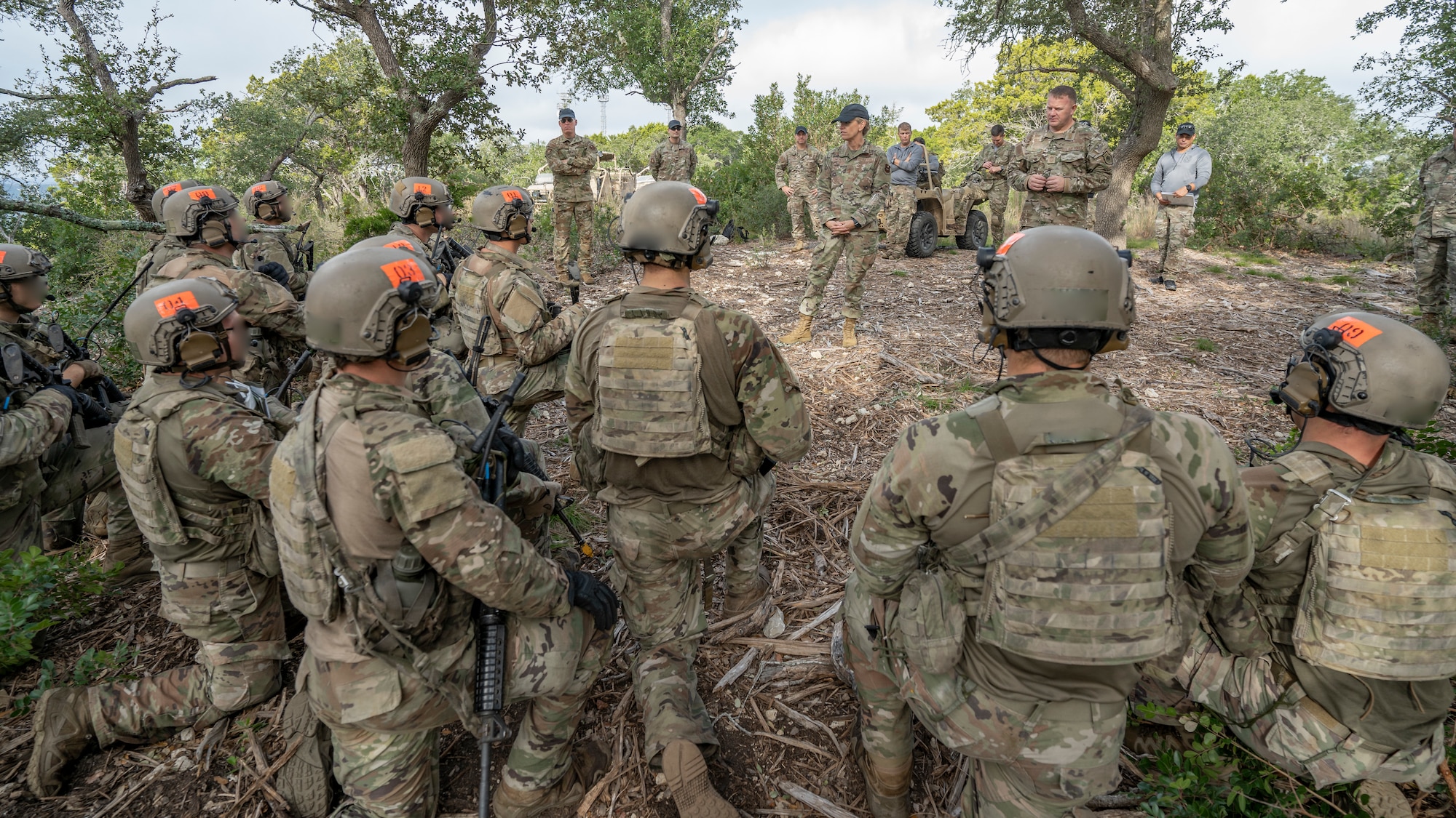 U.S. Air Force Maj. Gen. Michele Edmondson, speaks with Tactical Air Control Party students from the 353rd Special Warfare Training Squadron during a training exercise at Joint Base San Antonio-Camp Bullis, Nov. 2, 2021.