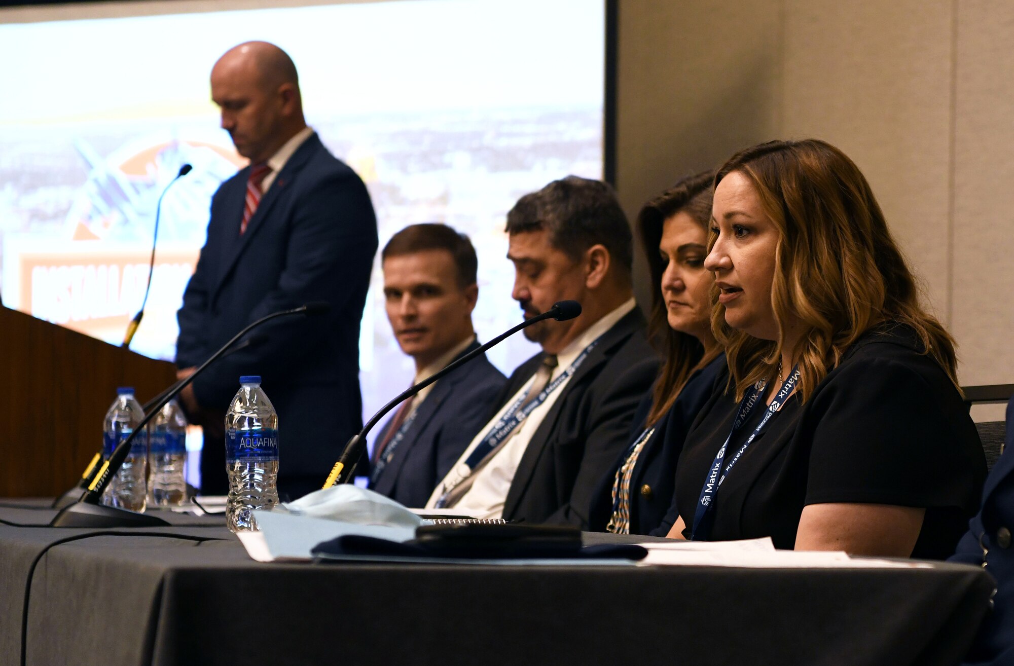 Representatives from Holloman Air Force Base and Goodfellow AFB, Texas, speak at the Association of Defense Communities Installation Innovation Forum 2021, Nov. 2, 2021.