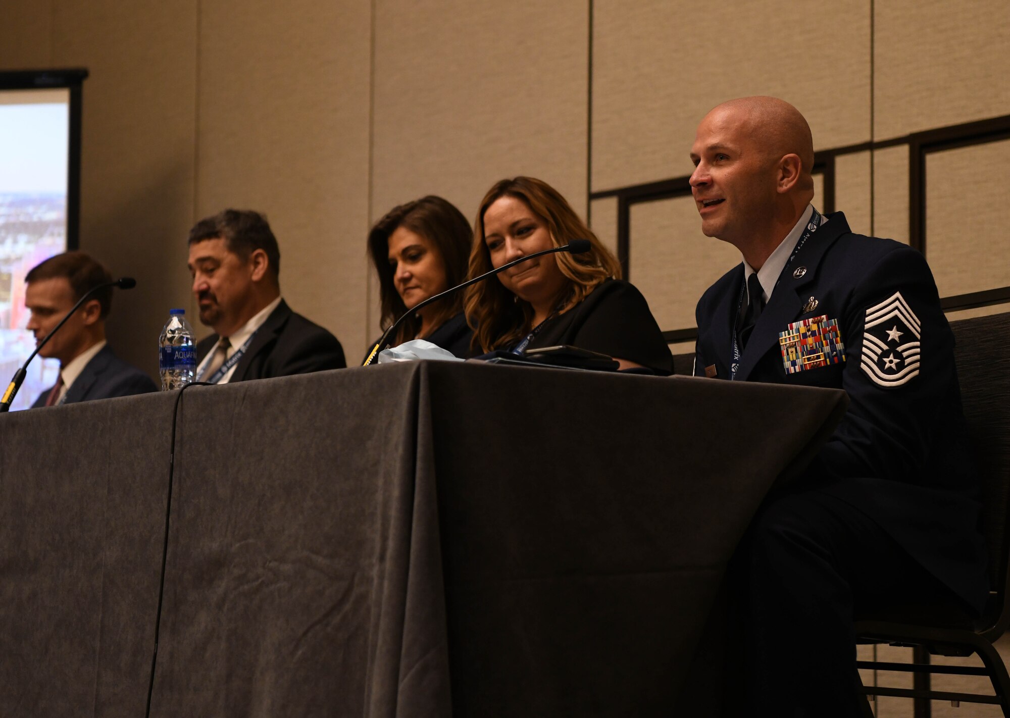 Representatives from Holloman Air Force Base and Goodfellow AFB, Texas, speak at the Association of Defense Communities Installation Innovation Forum 2021, Nov. 2, 2021.