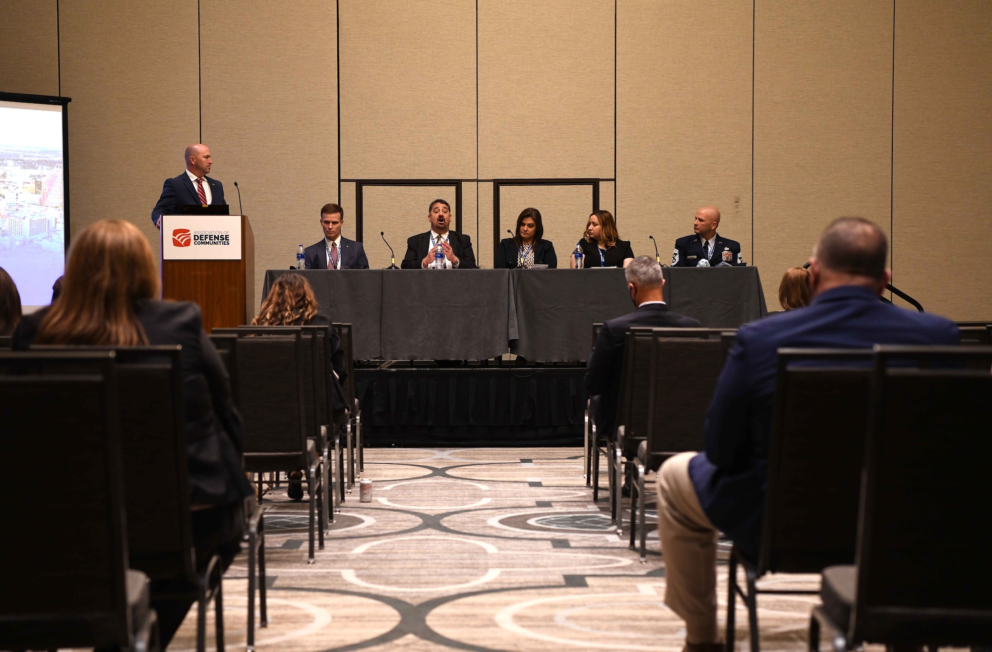 Representatives from Holloman Air Force Base and Goodfellow AFB, Texas, speak at the Association of Defense Communities Installation Innovation Forum 2021, Nov. 2, 2021.