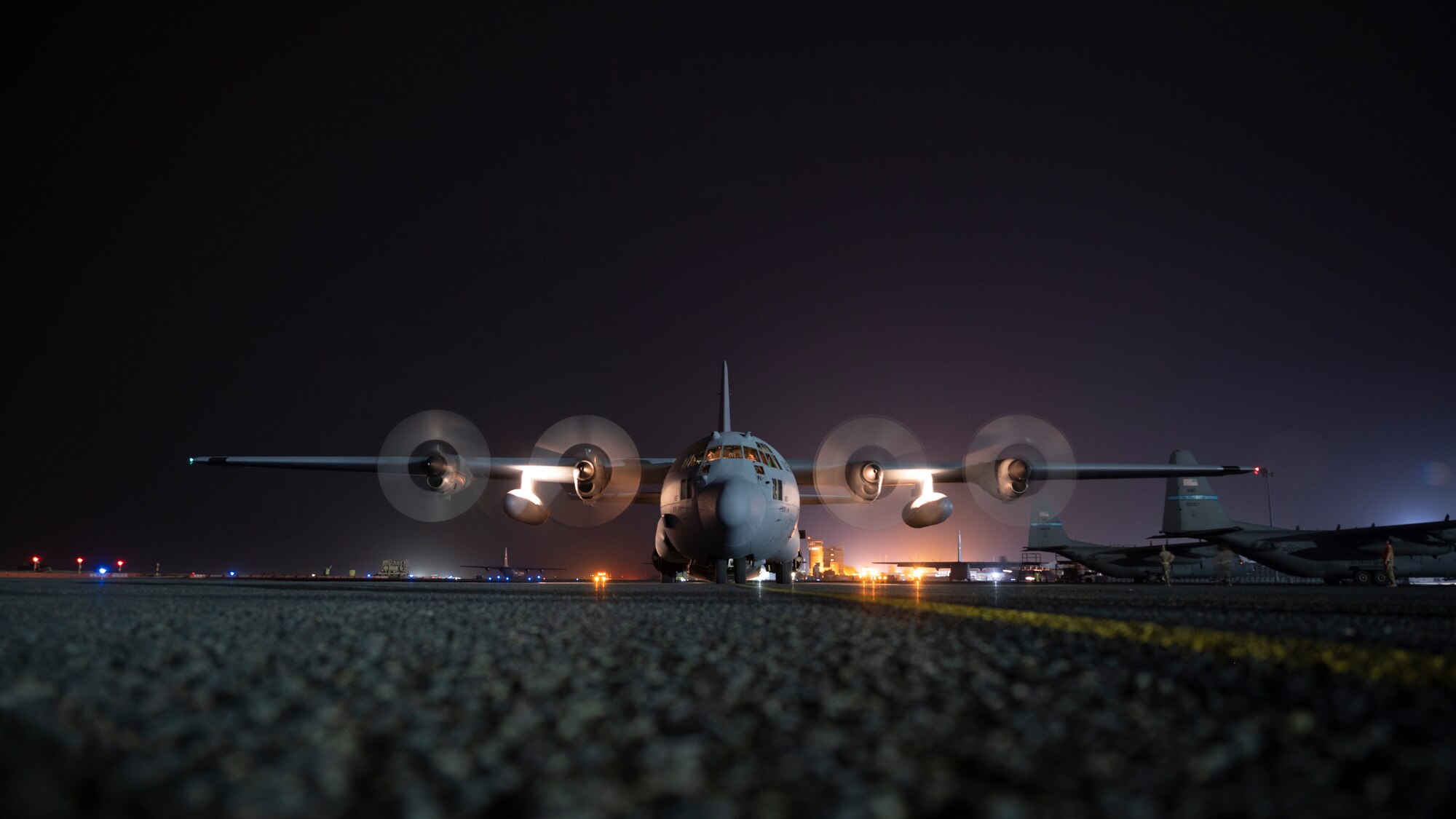 A C-130H Hercules arrives to a ramp at Ali Al Salem Air Base, Kuwait, Nov. 2, 2021.