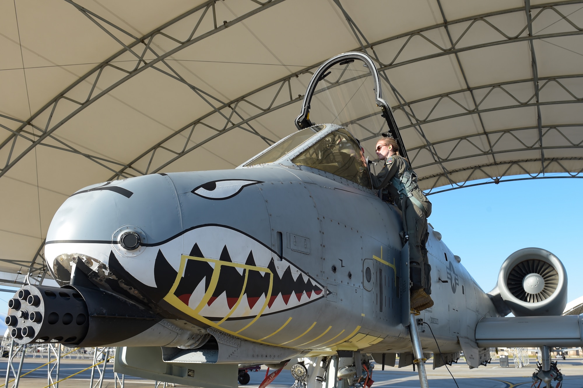 A photo of an Airman looking in cockpit.