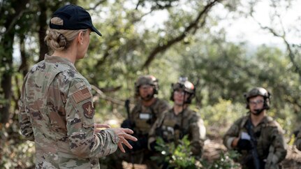 U.S. Air Force Maj. Gen. Michele Edmondson, speaks with Tactical Air Control Party students from the 353rd Special Warfare Training Squadron during a training exercise at Joint Base San Antonio-Camp Bullis, Nov. 2, 2021.