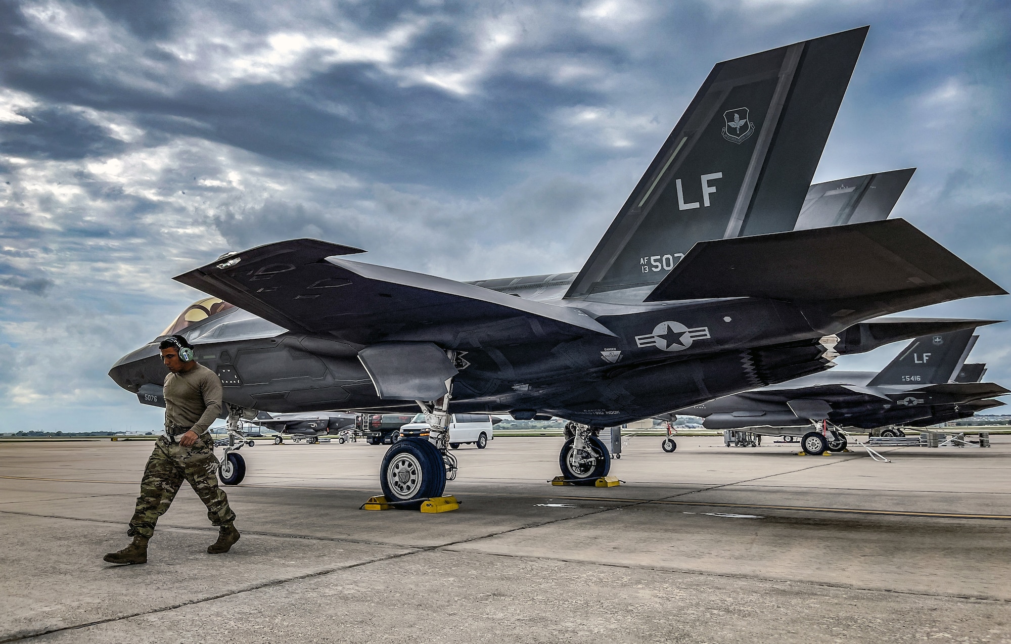 Airmen conduct flight line operations in support of an F-35A