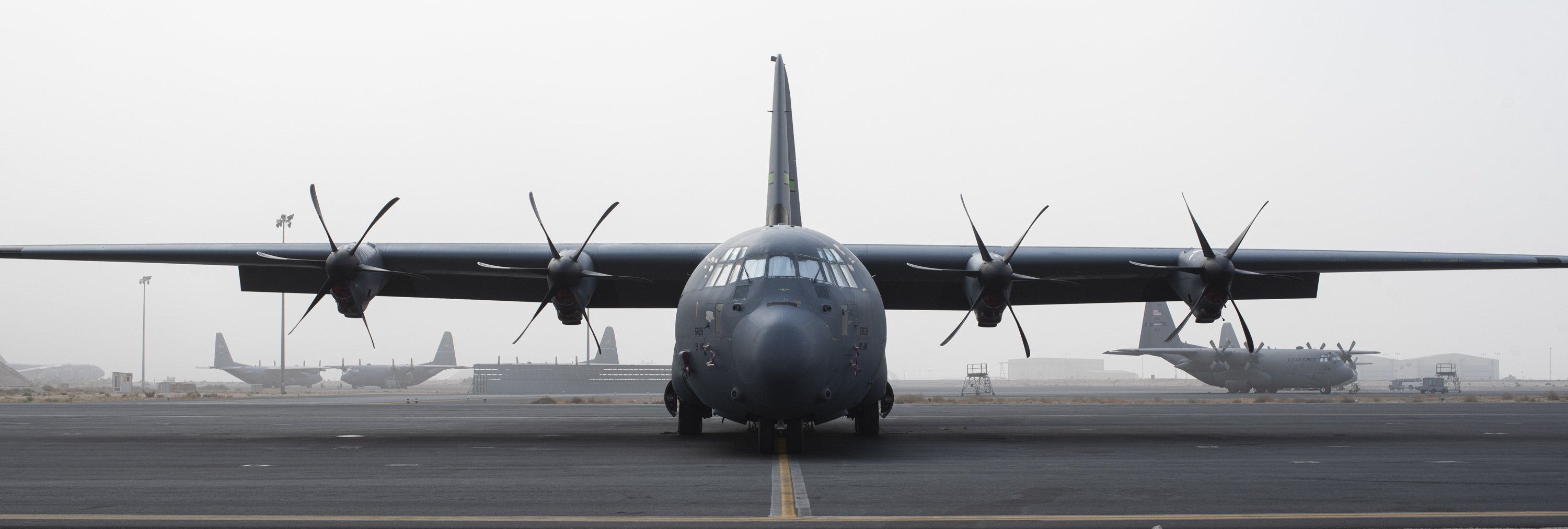 A C-130J Super Hercules is shown on Ali Al Salem Air Base