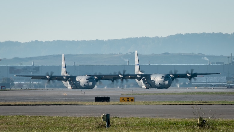 Two new C-130J Super Hercules aircraft arrive at the Kentucky Air National Guard Base in Louisville, Ky., Nov. 6, 2021, ushering in a new era of aviation for the 123rd Airlift Wing. The state-of-the-art transports are among eight the wing will receive over the next 11 months to replace eight aging C-130 H-model aircraft, which entered service in 1992 and have seen duty all over the world. (U.S. Air National Guard photo by Dale Greer)