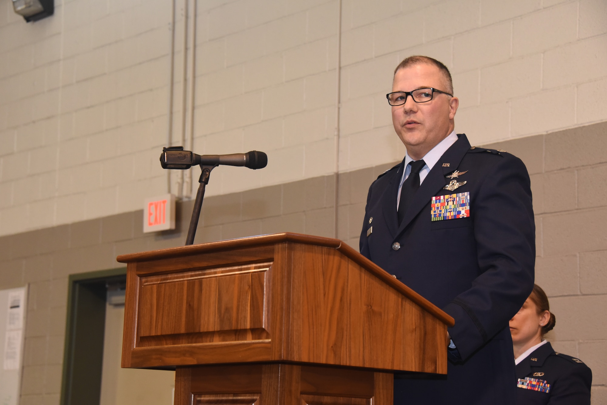 Lt. Col. Jason Kolacia, Commander of the 133rd Test Squadron, speak to his squadron personnel