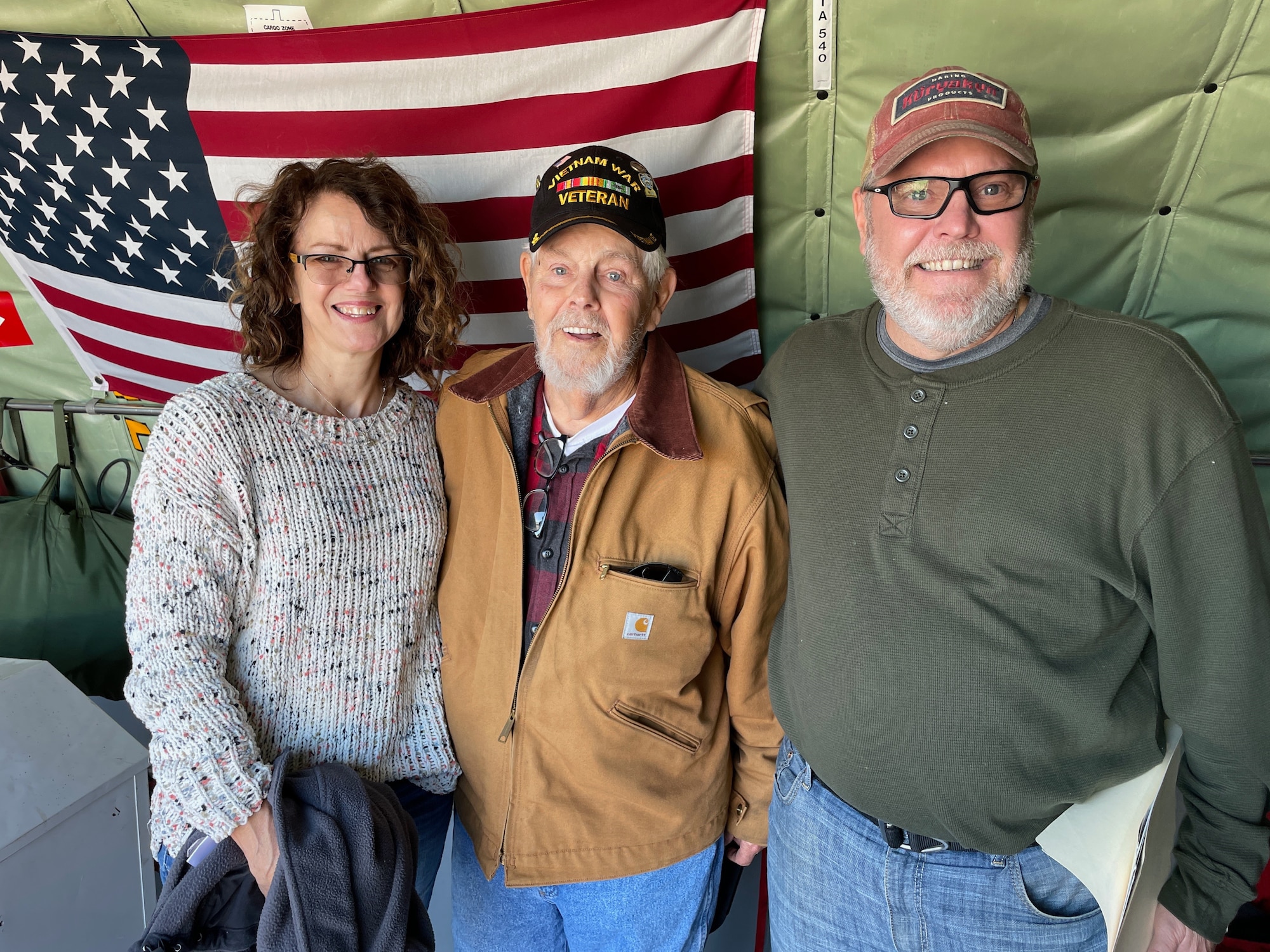 Vietnam Veteran James Roberts (center) along with Susan and Keith Roberts, his daughter-in-law and son, all from Brandon, Mississippi, tour a 186th Air Refueling Wing KC-135R aircraft at Key Field Air National Guard Base, Mississippi, Nov. 6, 2021.