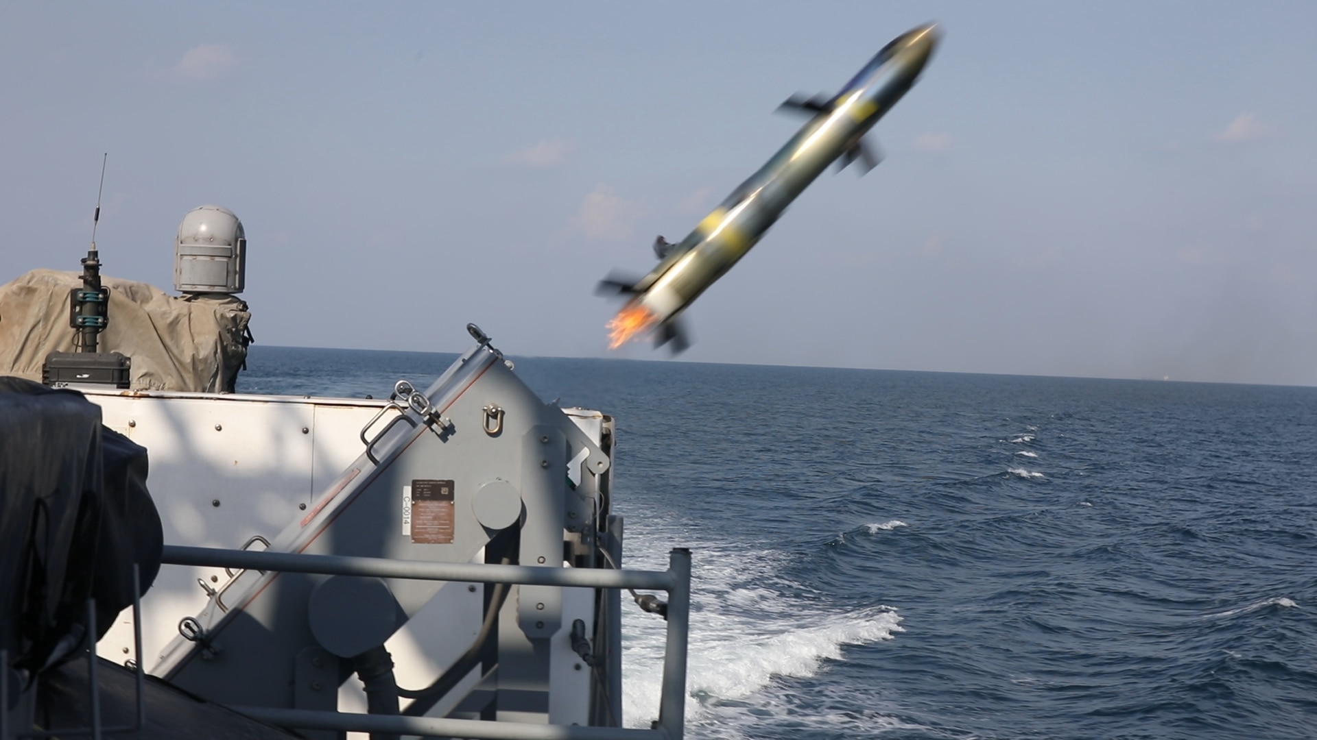Cyclone class Patrol (coastal) ship USS Tempest (PC 2), fires a Griffin Missile during a test and proficiency fire in the Arabian Gulf Nov. 5. Tempest, assigned to Commander, Task Force (CTF) 55, is supporting maritime security operations and theatre security cooperation efforts in the U.S. 5th Fleet area of operations.