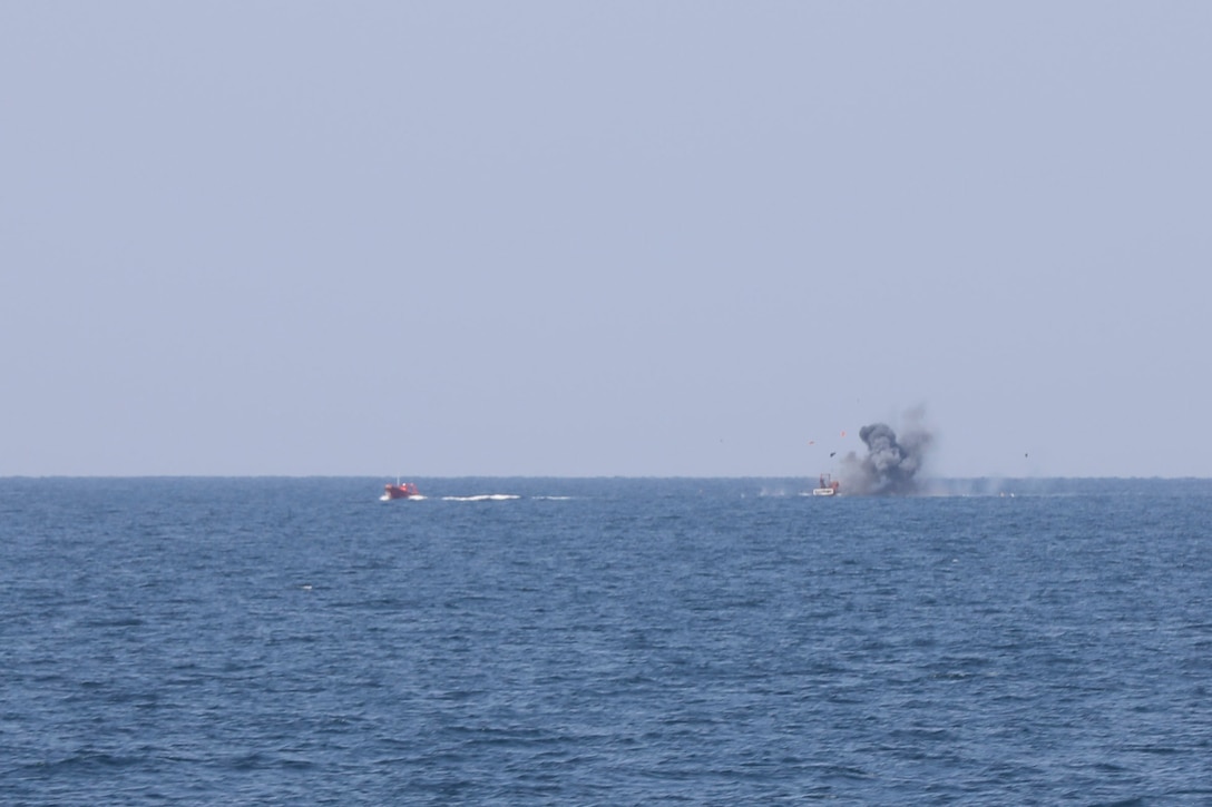 Cyclone class Patrol (coastal) ship USS Tempest (PC 2), fires a Griffin Missile during a test and proficiency fire in the Arabian Gulf Nov. 5. Tempest, assigned to Commander, Task Force (CTF) 55, is supporting maritime security operations and theatre security cooperation efforts in the U.S. 5th Fleet area of operations.