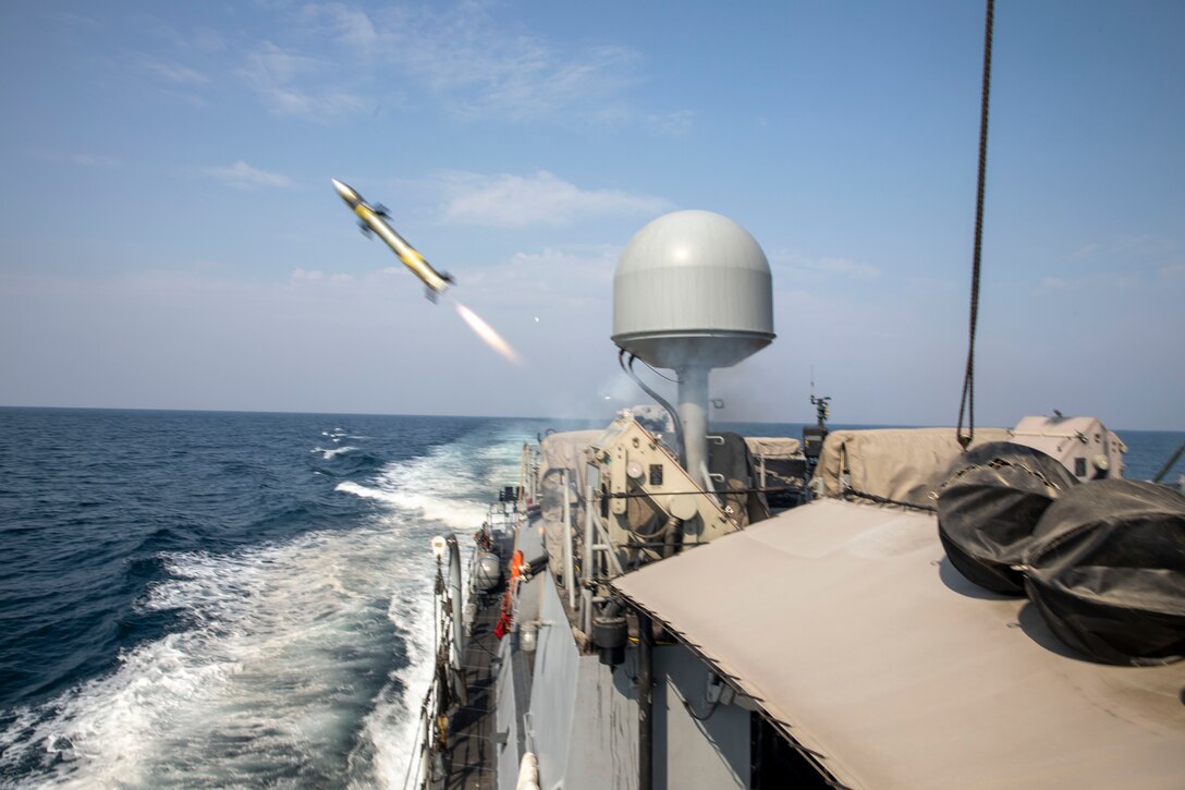 Cyclone class Patrol (coastal) ship USS Tempest (PC 2), fires a Griffin Missile during a test and proficiency fire in the Arabian Gulf Nov. 5. Tempest, assigned to Commander, Task Force (CTF) 55, is supporting maritime security operations and theatre security cooperation efforts in the U.S. 5th Fleet area of operations.