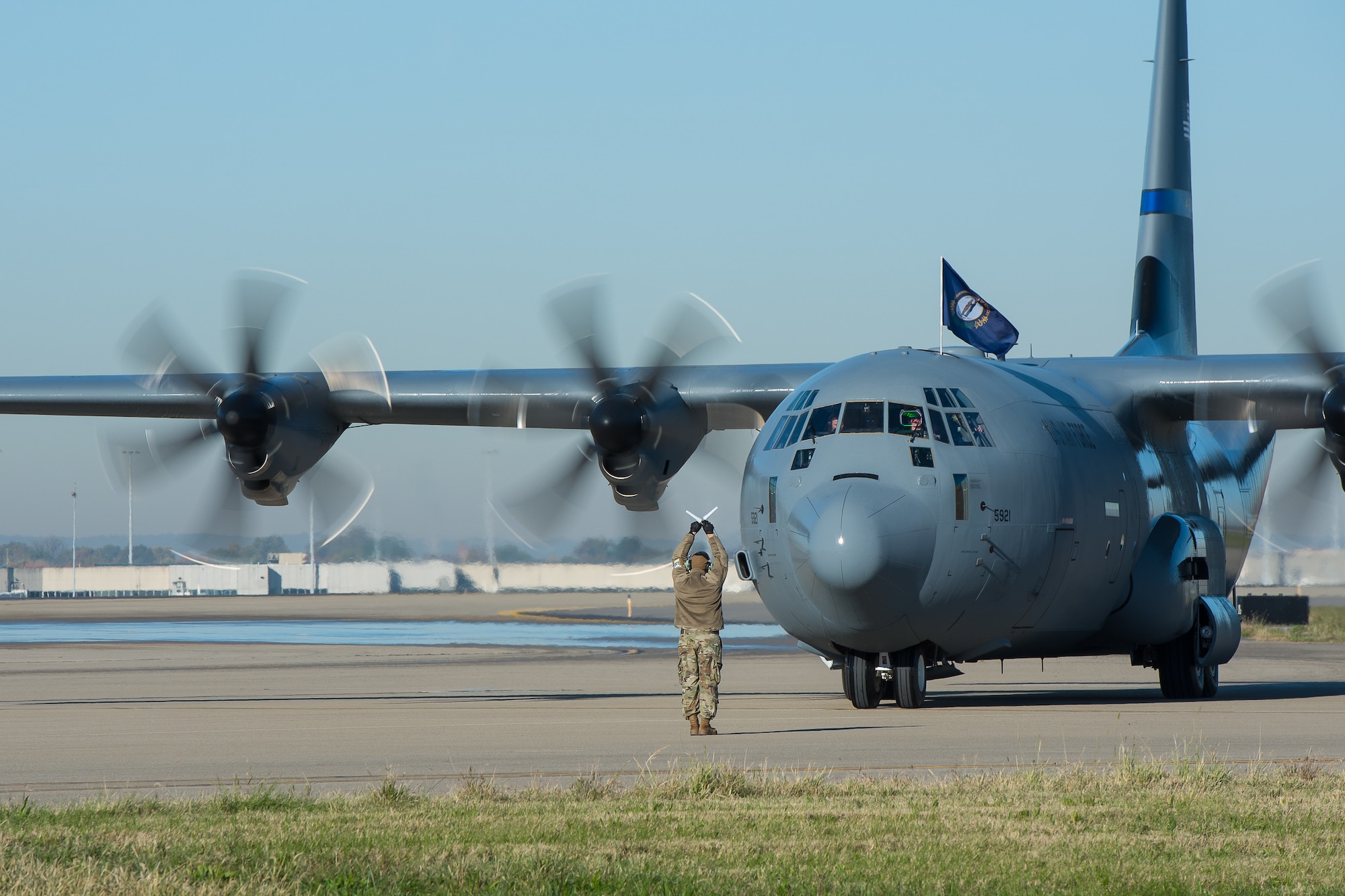 One of two new C-130J Super Hercules aircraft arrives at the Kentucky Air National Guard Base in Louisville, Ky., Nov. 6, 2021, ushering in a new era of aviation for the 123rd Airlift Wing. The state-of-the-art transports are among eight the wing will receive over the next 11 months to replace eight aging C-130 H-model aircraft, which entered service in 1992 and have seen duty all over the world. (U.S. Air National Guard photo by Staff Sgt. Clayton Wear)