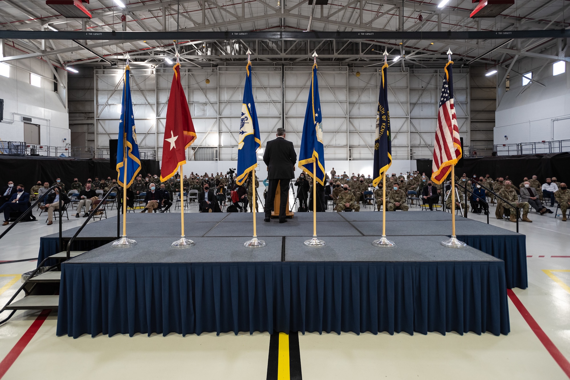 More than 100 military members and guests attended a ceremony at the Kentucky Air National Guard Base in Louisville, Ky., Nov. 6, 2021, to welcome the arrival of two new C-130J Super Hercules aircraft. The state-of-the-art transports are among eight that the 123rd Airlift Wing will receive over the next 11 months to replace eight aging C-130 H-model aircraft, which entered service in 1992 and have seen duty all over the world. (U.S. Air National Guard photo by Dale Greer)