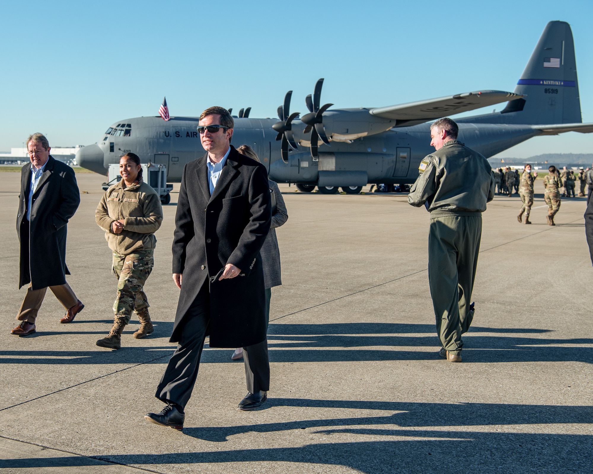 Kentucky Gov. Andy Beshear attends a ceremony celebrating the arrival of two new C-130J Super Hercules aircraft at the Kentucky Air National Guard Base in Louisville, Ky., Nov. 6, 2021, ushering in a new era of aviation for the 123rd Airlift Wing. The state-of-the-art transports are among eight the wing will receive over the next 11 months to replace eight aging C-130 H-model aircraft, which entered service in 1992 and have seen duty all over the world. (U.S. Air National Guard photo by Tech. Sgt. Joshua Horton)