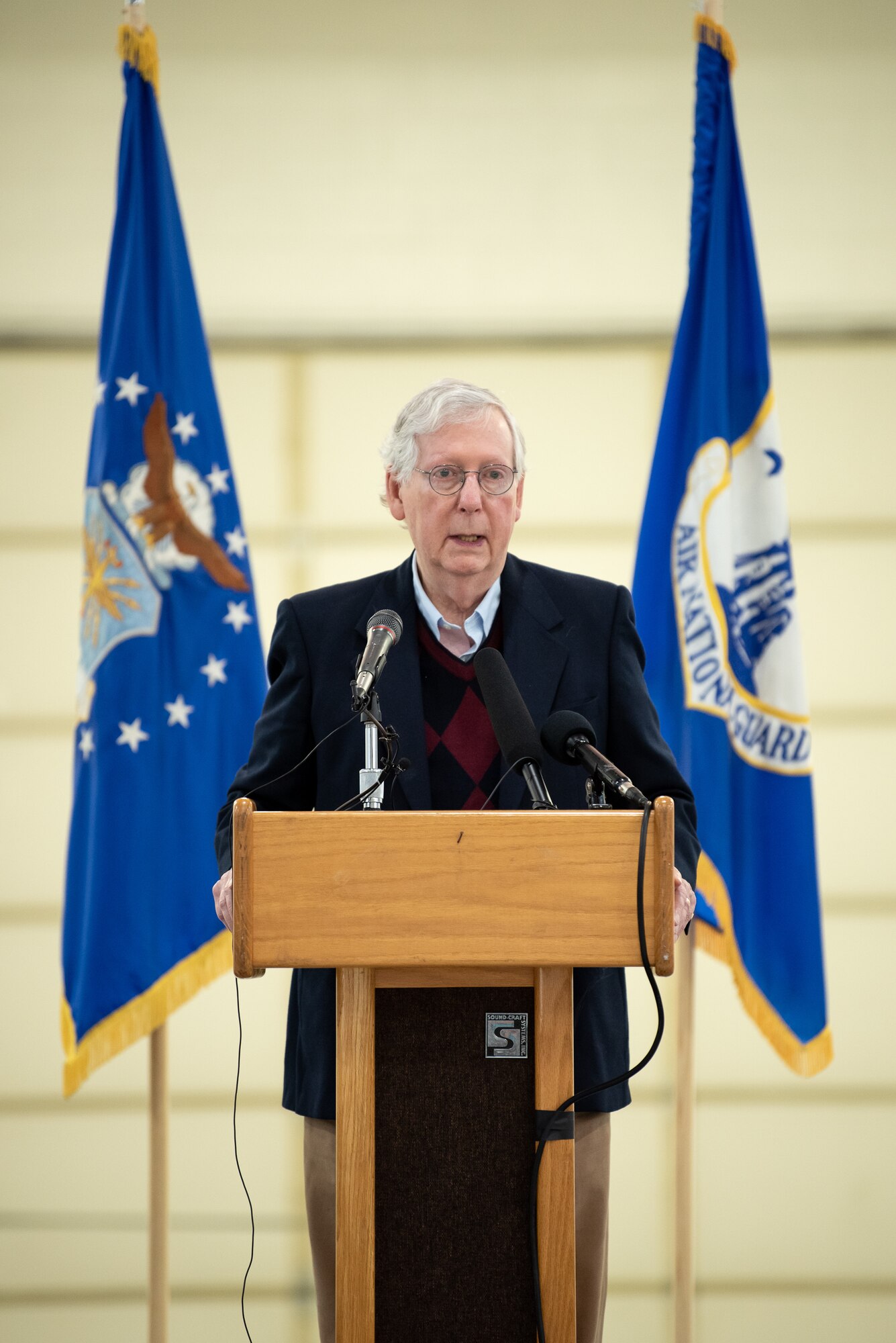 U.S. Sen. Mitch McConnell speaks to audience members during a ceremony at the Kentucky Air National Guard Base in Louisville, Ky., Nov. 6, 2021, to welcome the arrival of two new C-130J Super Hercules aircraft. The state-of-the-art transports are among eight that the 123rd Airlift Wing will receive over the next 11 months to replace eight aging C-130 H-model aircraft, which entered service in 1992 and have seen duty all over the world. (U.S. Air National Guard photo by Dale Greer)