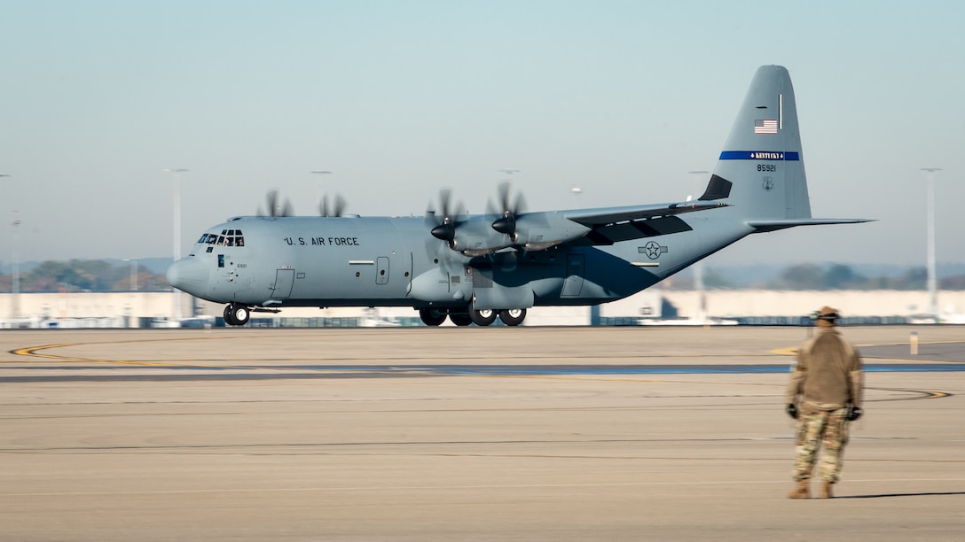 One of two new C-130J Super Hercules aircraft arrives at the Kentucky Air National Guard Base in Louisville, Ky., Nov. 6, 2021, ushering in a new era of aviation for the 123rd Airlift Wing. The state-of-the-art transports are among eight the wing will receive over the next 11 months to replace eight aging C-130 H-model aircraft, which entered service in 1992 and have seen duty all over the world. (U.S. Air National Guard photo by Dale Greer)