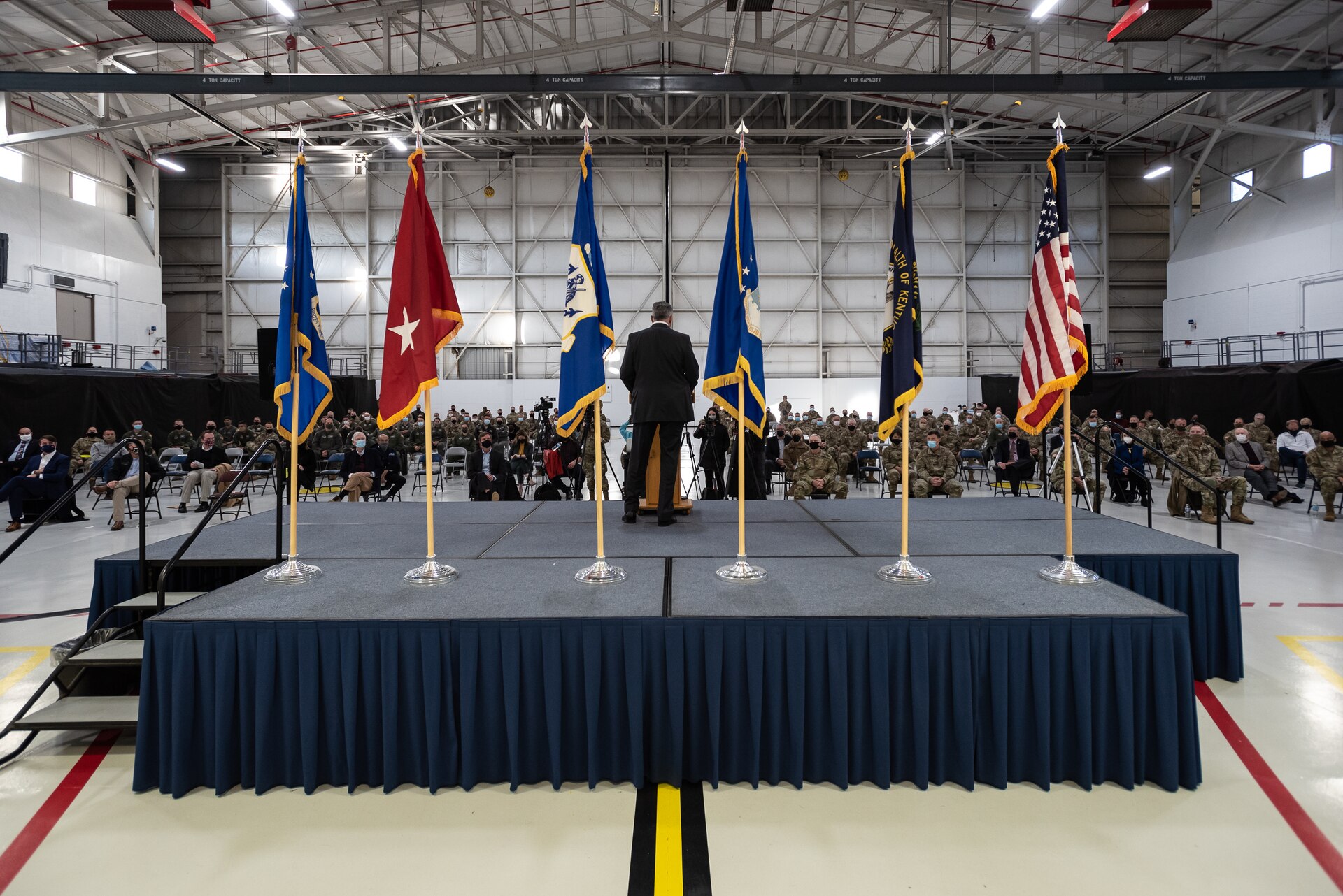 More than 100 military members and guests attended a ceremony at the Kentucky Air National Guard Base in Louisville, Ky., Nov. 6, 2021, to welcome the arrival of two new C-130J Super Hercules aircraft. The state-of-the-art transports are among eight that the 123rd Airlift Wing will receive over the next 11 months to replace eight aging C-130 H-model aircraft, which entered service in 1992 and have seen duty all over the world. (U.S. Air National Guard photo by Dale Greer)