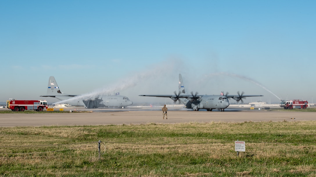 Two new C-130J Super Hercules aircraft arrive at the Kentucky Air National Guard Base in Louisville, Ky., Nov. 6, 2021, ushering in a new era of aviation for the 123rd Airlift Wing. The state-of-the-art transports are among eight the wing will receive over the next 11 months to replace eight aging C-130 H-model aircraft, which entered service in 1992 and have seen duty all over the world. (U.S. Air National Guard photo by Dale Greer)