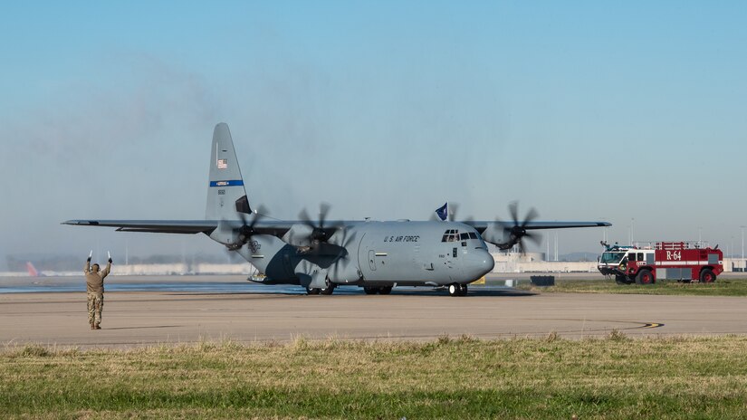 One of two new C-130J Super Hercules aircraft arrives at the Kentucky Air National Guard Base in Louisville, Ky., Nov. 6, 2021, ushering in a new era of aviation for the 123rd Airlift Wing. The state-of-the-art transports are among eight the wing will receive over the next 11 months to replace eight aging C-130 H-model aircraft, which entered service in 1992 and have seen duty all over the world. (U.S. Air National Guard photo by Dale Greer)